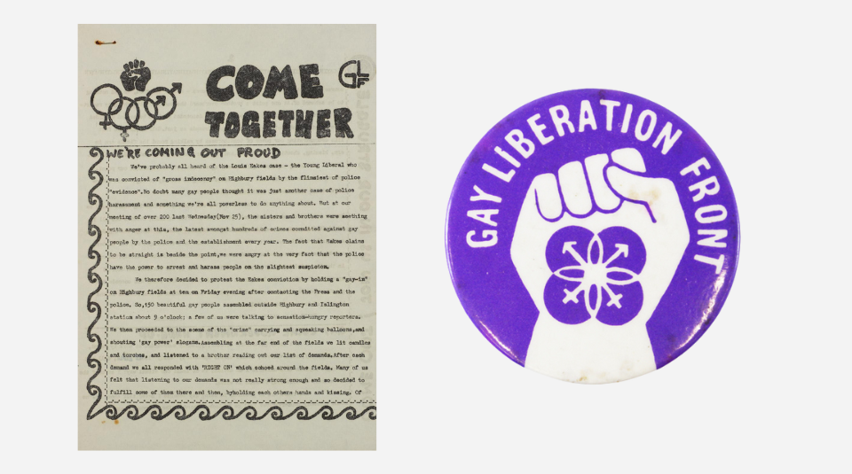 A Come Together leaflet and a purple Gay Liberation Front badge with a raised fist containing a violet.