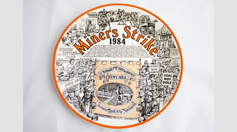 Image of A plate with a graphic illustration of miners. The text reads Miners Strike 1984