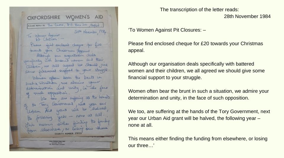 handwritten letter of support and donation from Oxfordshire Women’s Aid to the Women Against Pit Closures Christmas Miners Appeal.