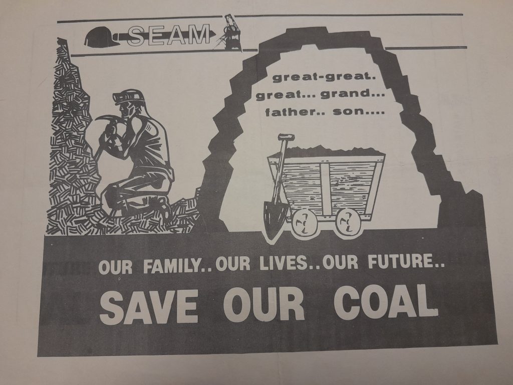 Flyer with an illustration of a miner at work. Text reads: Save Our Coal.
