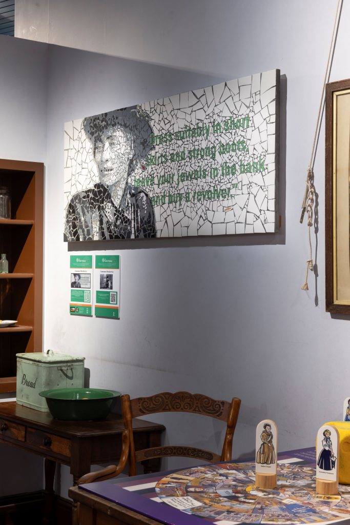 mosaic of Constance Markievicz on display in Hannah Mitchell's kitchen in the Voters section of Gallery One at People's History Museum.