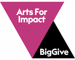 Upturned pink triangle with text within reading 'Arts For Impact' next to a black triangle with text within reading 'BigGive'.