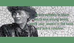 Image of mosaic featuring Constance Markievicz and text: 'Dress suitably in short skirts and strong boots, leave your jewels in the bank and buy a revolver.'