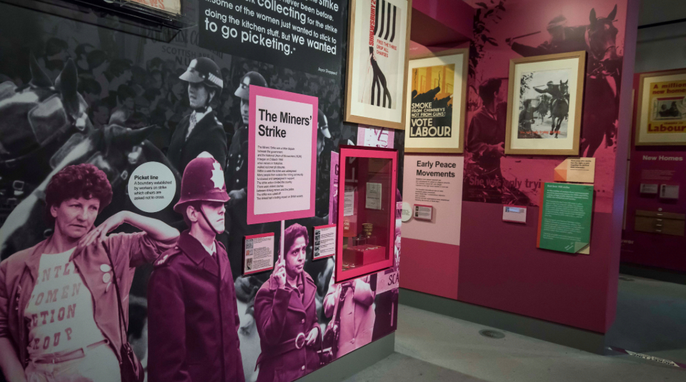 Image of Miners' Strike displays in Citizens section of Gallery Two at People's History Museum.