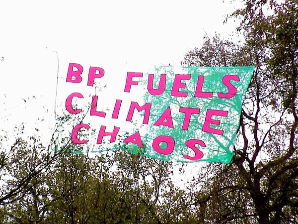 Against a background of trees, a blue 'netty' banner with pink text: 'BP fuels climate chaos'.