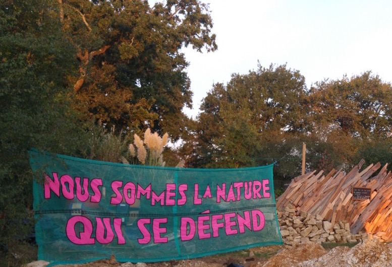 Green banner with bright pink text reading: 'Nous Sommes La Nature Qui Se Défend'.