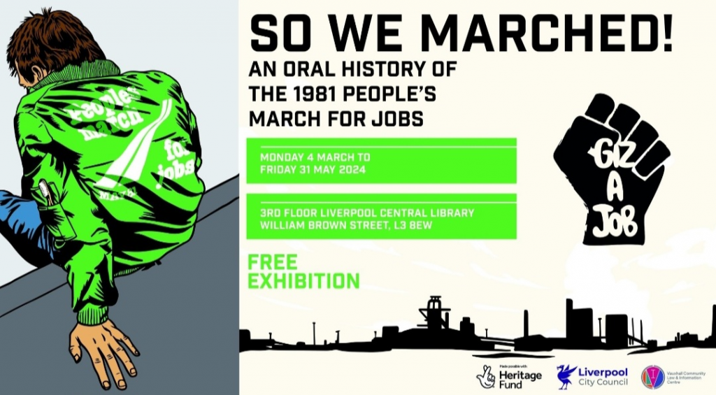 Illustration of a person with a green shirt. The text reads: 'So We Marched! An Oral History Of The 1981 People’s March for Jobs'.