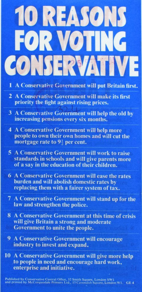 10 Reasons For Voting Conservative leaflet, 1974. Image courtesy of People's History Museum.