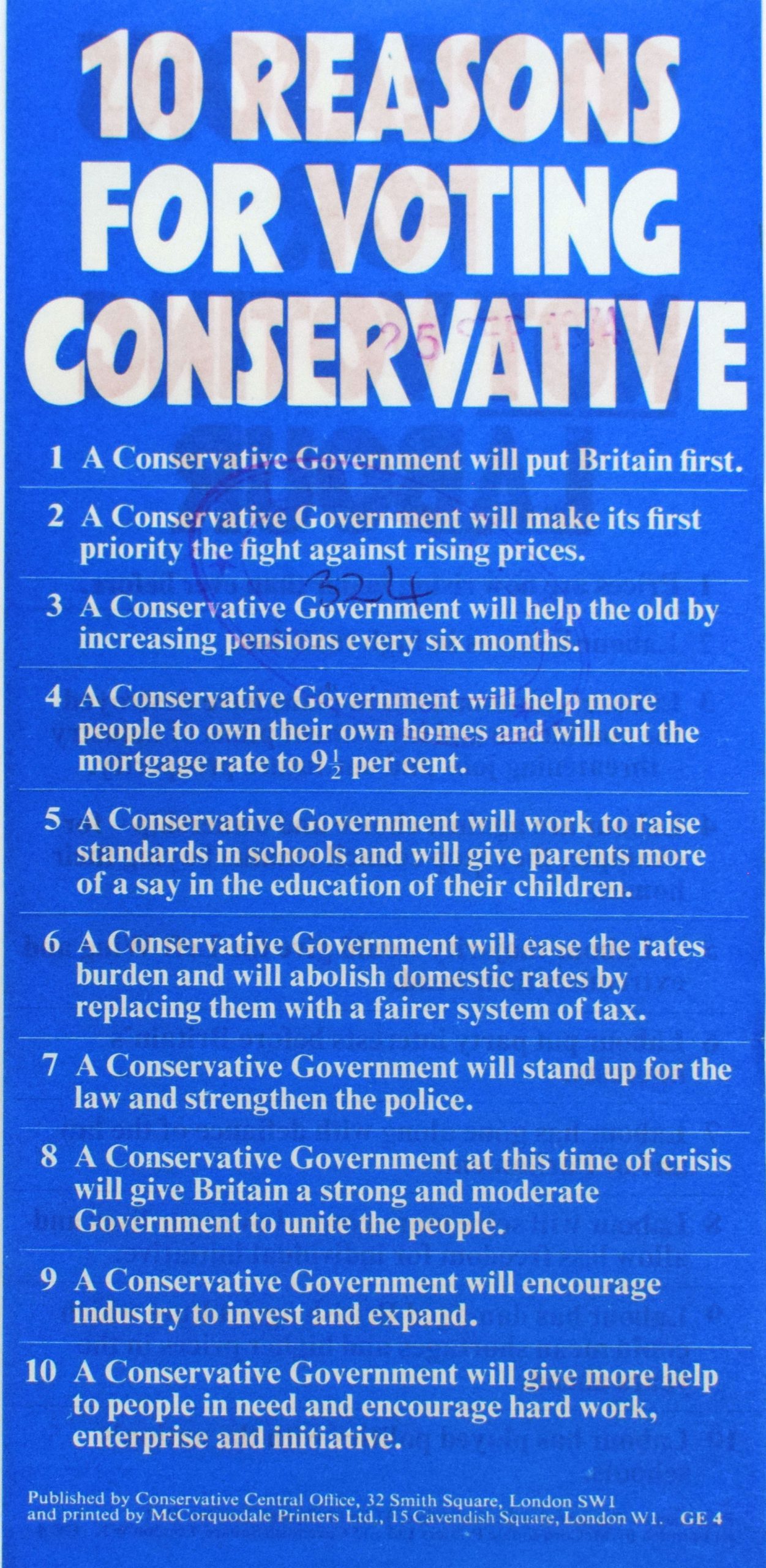 A portrait blue leaflet with white text including: '10 Reasons For Voting Conservative', followed by ten points.