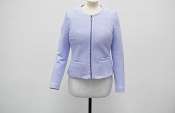 Image of A pale blue round neck zip up jacket with two front pockets on a mannequin.