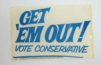 Image of Landscape leaflet with blue text: 'Get 'Em Out! Vote Conservative'.
