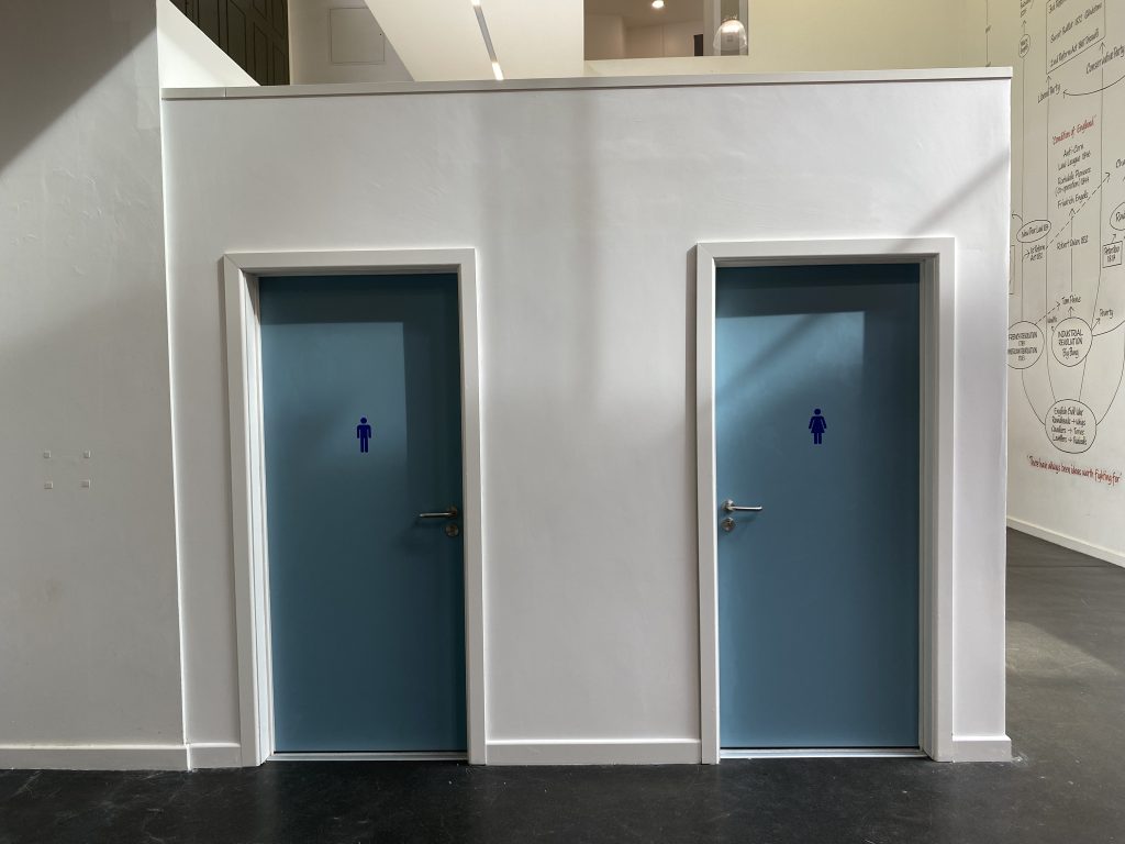 two light blue doorways; one with a dark blue symbol for a male toilet on and one with a dark blue symbol for a female toilet on.