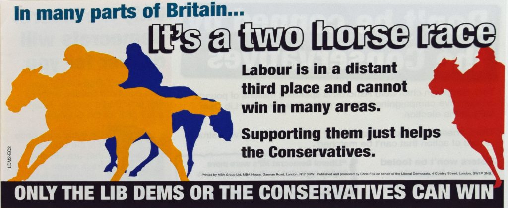 It’s a two horse race Liberal Democrat leaflet, 2010. Image courtesy of People's History Museum.