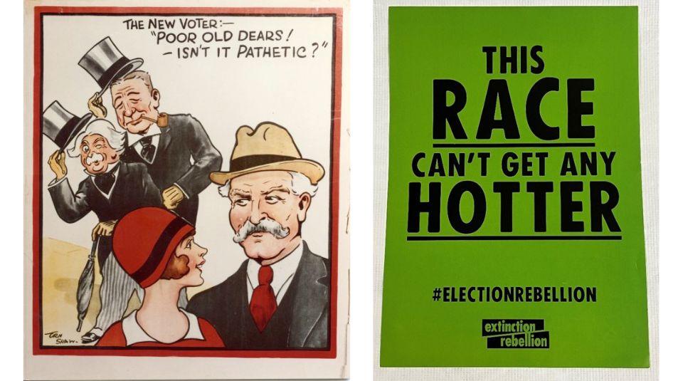Image of Left: a poster with illustrations of two men in suits doffing their top hats towards a woman and a man, with the text: 'The New Voter:- 