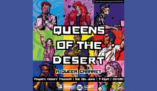 Image of Colourful square computer illustration of nine performers from Queens of the Desert. Text reads ‘A Queer Cabaret’ and include logos from Superbia, People's History Museum, and LGBT Foundation.