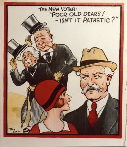 A poster with illustrations of two men in suits doffing their top hats towards a woman and a man, with the text: 'The New Voter:- "Poor old dears! - Isn't it pathetic?"'.