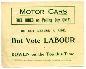 'Motor Cars Free Rides on Polling Day Only. Do not refuse a ride. But Vote Labour' General election leaflet, 1918. Image courtesy of People's History Museum