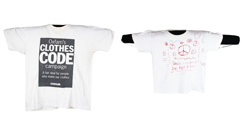 Left to right A white t-shirt with black text: Oxfam’s Clothes Code campaign and a white t-shirt with a peace logo and red text: No Poll Tax