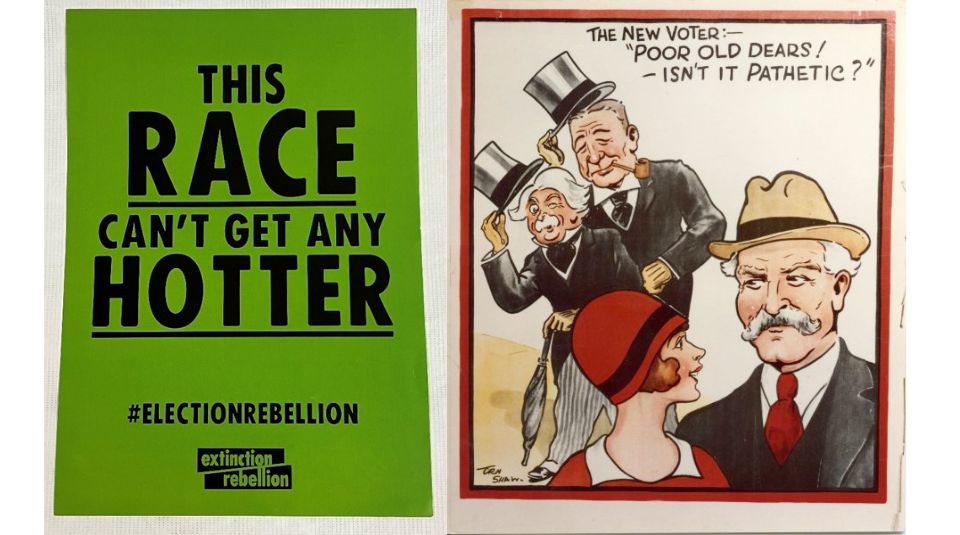 Image of A green portrait poster with black text: This Race Can’t Get Any Hotter #ElectionRebellion Extinction Rebellion, next to a portrait poster with illustrations of two men in suits doffing their top hats towards a woman and a man, with the text: 'The New Voter:- 