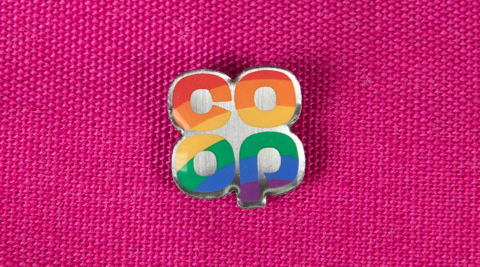 Image of A small rainbow pin badge on a pink background. The text reads co op.