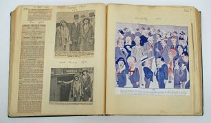 Image of An open scrapbook including black and white newspaper cuttings and photographs, and a colourful illustration.