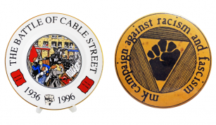 Image of Left to right: a plate with a colourful illustration of people and police in confrontation, including text: ‘The Battle of Cable Street, 1936, and a yellow badge with a black illustration of a raised fist and text: ‘mk campaign against racism and fascism’.