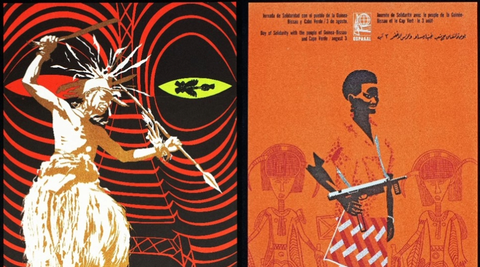 Image of The poster on the left has an illustration of a figure wearing a traditional African costume and carrying a spear. The poster on the right has an image of a woman holding a gun at its centre, and simple red line drawings of two figures wearing decorative headdresses in the background.