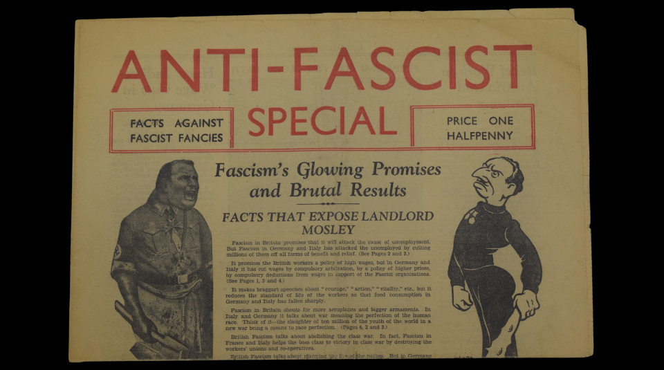 Image of Above the fold newspaper. The text includes Anti-Fascist Special