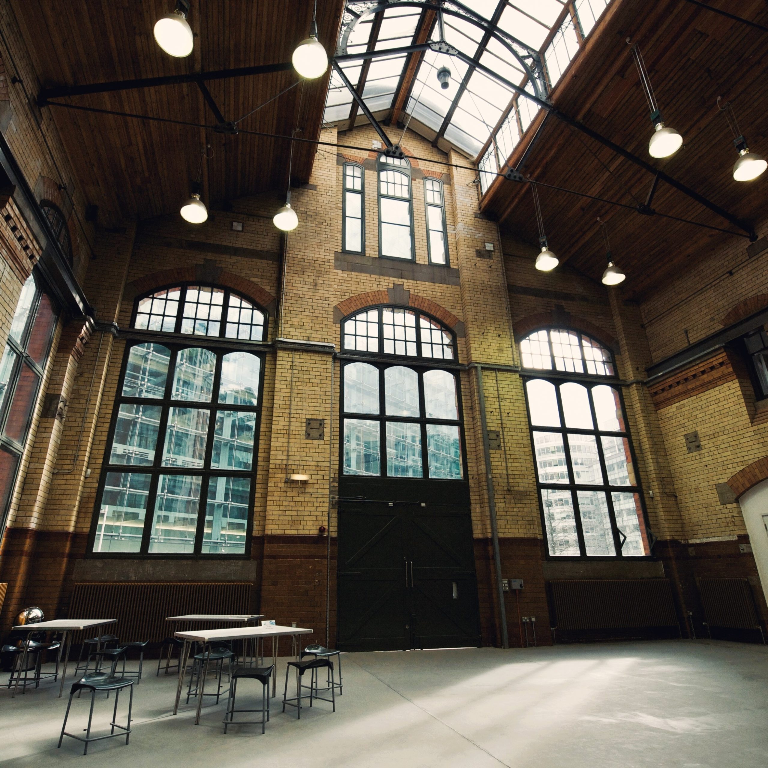 Image of The interior of a building with large windows