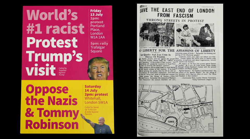 Left to right - Pink and yellow leaflet, text includes Oppose the Nazis and Black and white facsimile, the text includes Save The East End of London From Fascism 