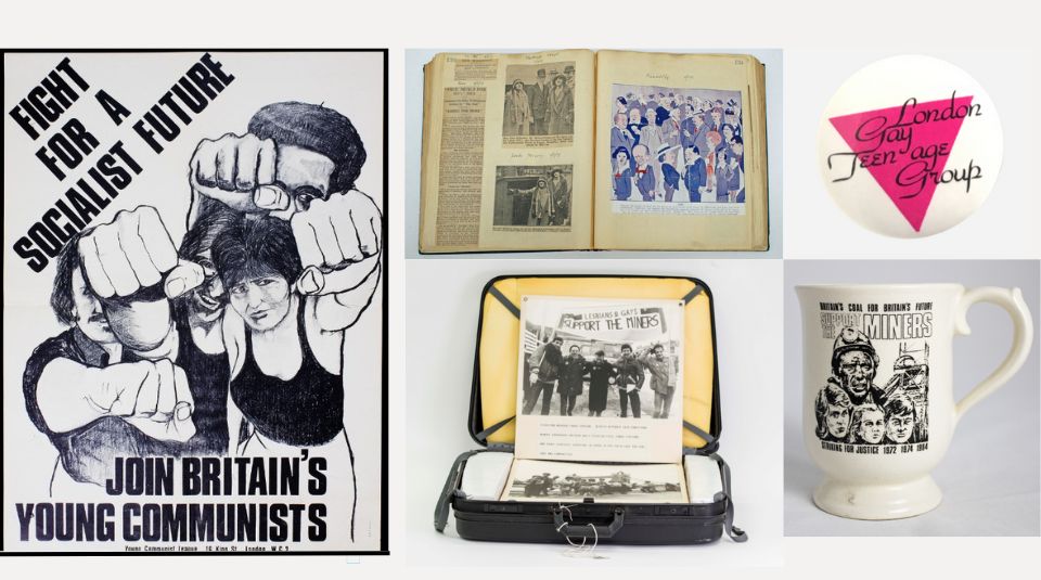 Image of Left to right a black and white poster, open scrapbook, round badge, a mug and an open black suitcase