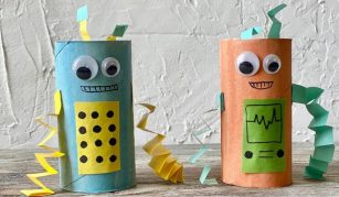 Image of two colourful 'robots' made from toilet rolls and different coloured paper.