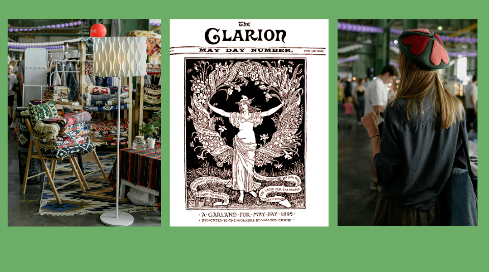 Image of An indoor market with displays of a variety of objects, a cover of a magazine with an illustration of a woman holding a garland and a person walking through an indoor market