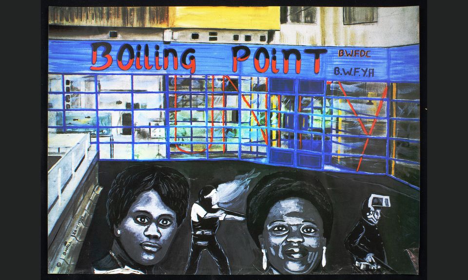 A painting of people in front of red and black text which reads Boiling Point. 