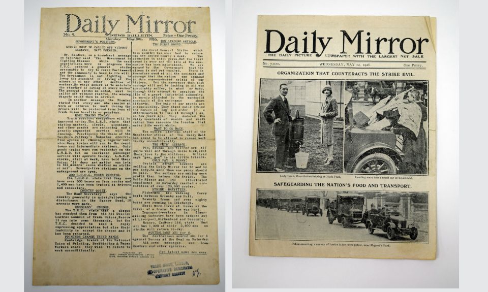 Left to right – a newspaper with black text and a newspaper with photos of people