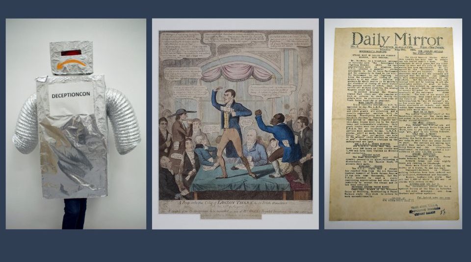 Image of A robot costume, a satirical print and a newspaper