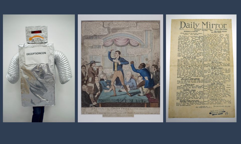 Image of A robot costume, a satirical print and a newspaper