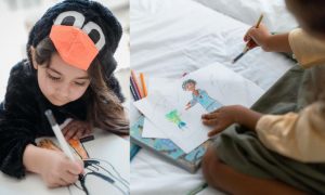 Child in penguin suit holding a felt pen and child’s hands drawing a person