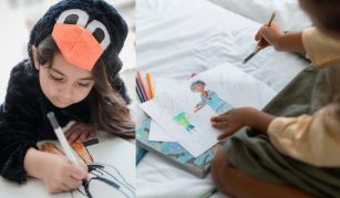 Image of Child in penguin suit holding a felt pen and child’s hands drawing a person