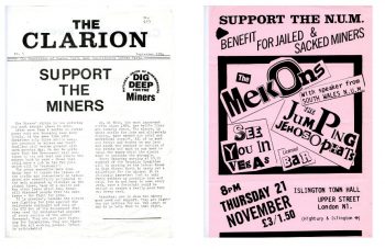 Image of Front cover of Newham Constituency Labour Party newsletter calling on people to support the striking miners  and Undated flyer for an Islington, London gig in support of the National Union of Miners with the Mekons headlining alongside others