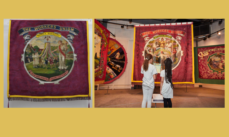 Large traditional banners on display in a gallery