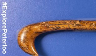 Image of Image of the top of a curved brown wood cane on a blue background.