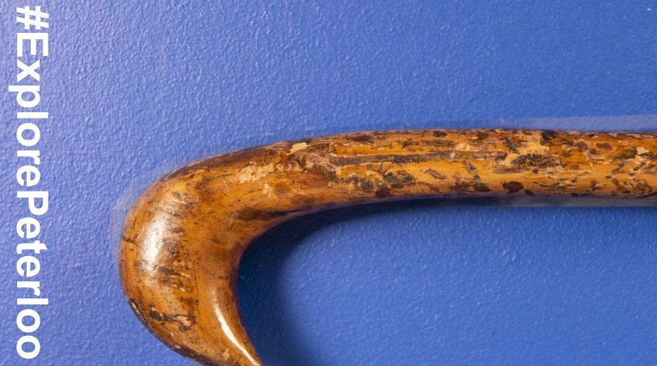 Image of Image of the top of a curved brown wood cane on a blue background.
