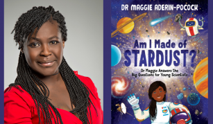 Image of A photograph of Dame Maggie Aderin Pocock and a copy of her book 'Am I Made of Stardust' book
