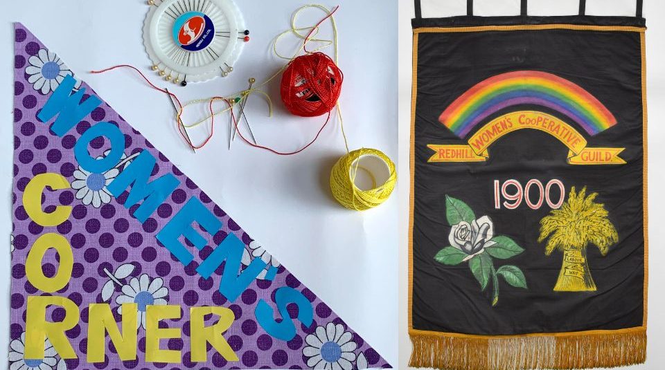 Image of Fabric sample, sewing threads and a black banner with a rainbow
