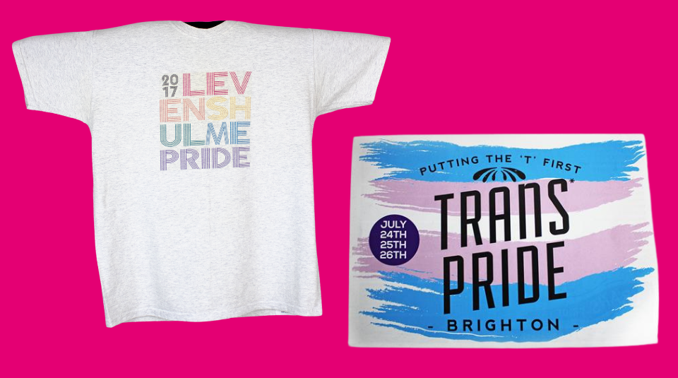 Image of A white t-shirt with rainbow lettering and a pink and blue flyer