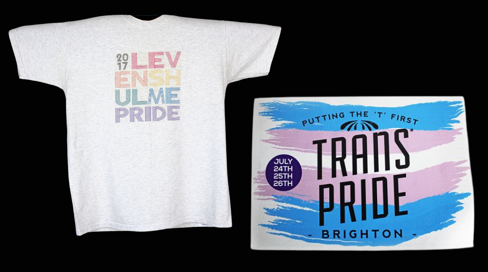 Image of Levenshulme Pride t shirt + trans pride brighton flier