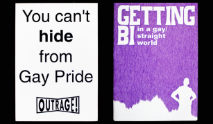Image of Outrage Gay Pride placard + Getting Bi book
