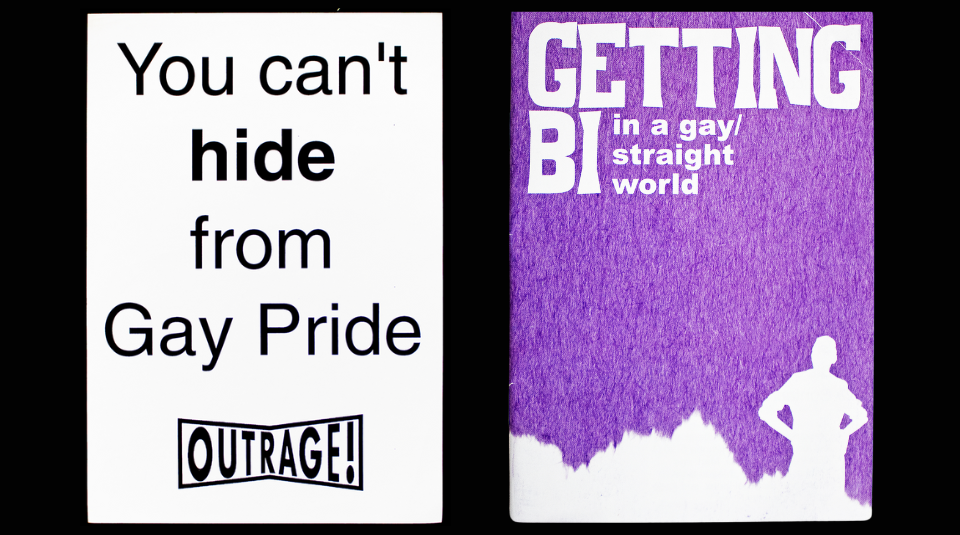 Image of Outrage Gay Pride placard + Getting Bi book
