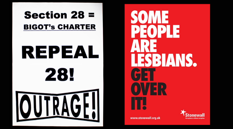 Image of Outrage Section 28 placard + Stonewall 'Some people are lesbians' poster